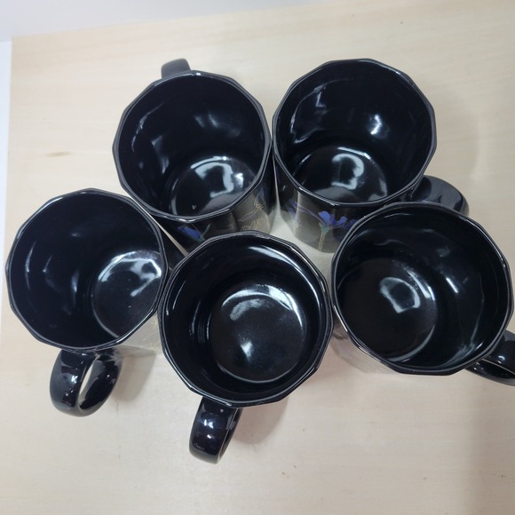 Otagiri Blue Iris Coffee Mugs Set of 5 Black Floral Japan Vintage - Picture 3 of 7